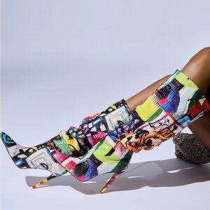 AZALEA WANG Colorful Abstract Patterned Stiletto Rhinestone Boots